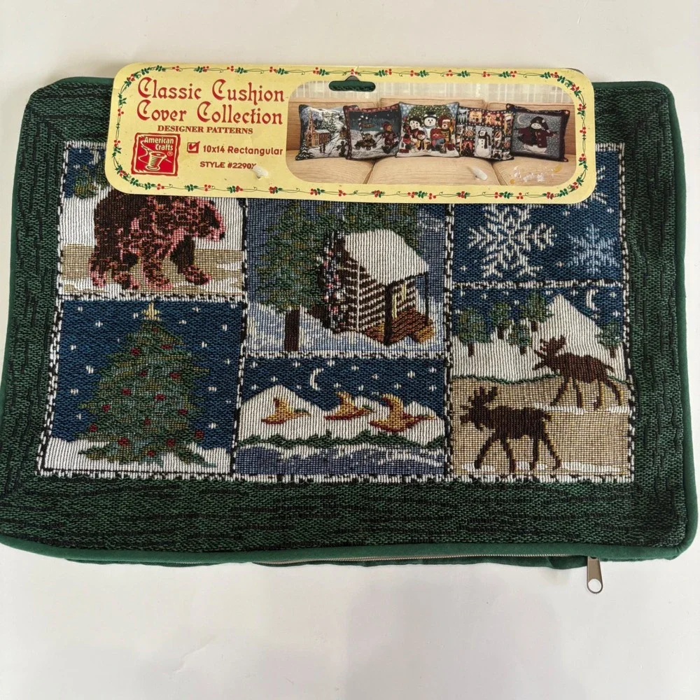 Vintage American Crafts Tapestry‎ Pillow Cover Set 10x14 Rect Woodland Christmas